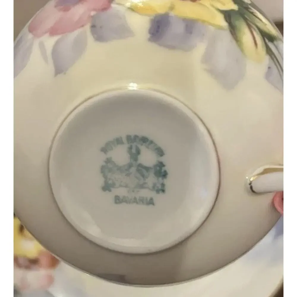 Antique Bayreuth Bone China Yellow Floral Handpainted Tea Cup & Saucer Gold Trim